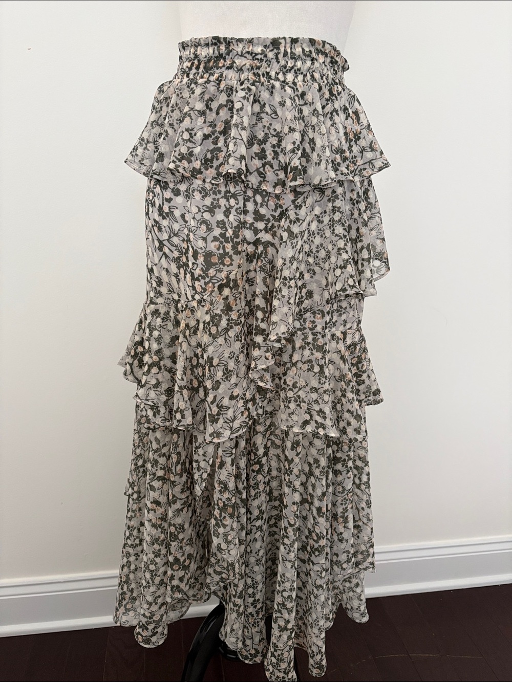 Misa Los Angeles Cream Floral Tiered Ruffle Maxi Skirt